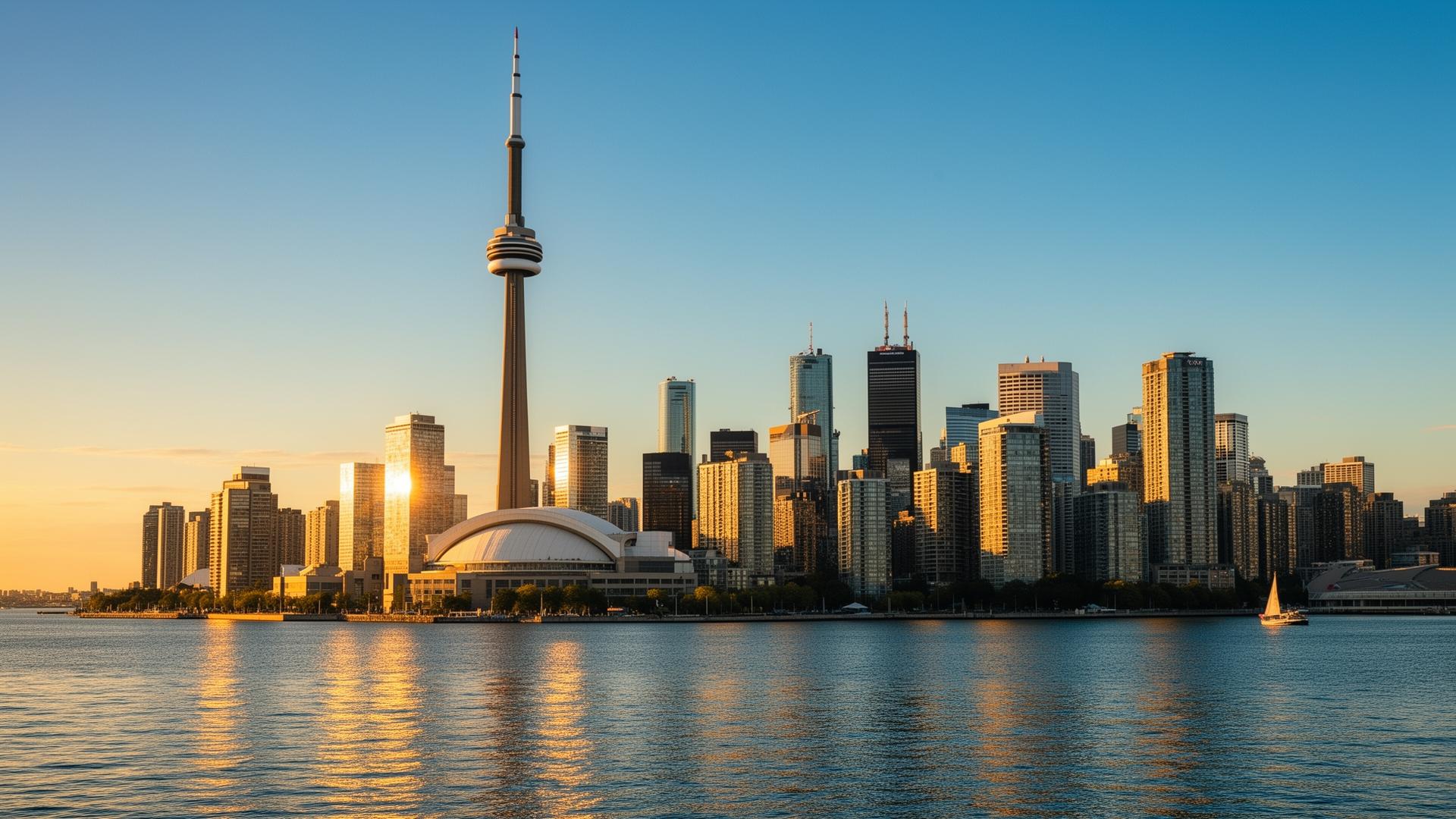Toronto skyline at golden hour with CN Tower